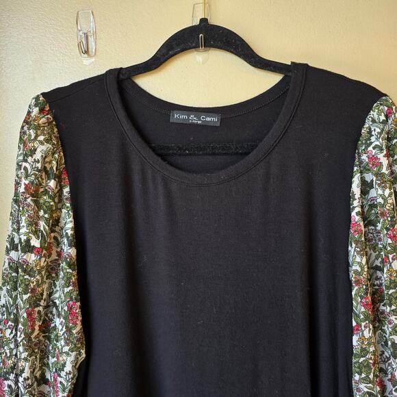 Kim and Cami Black Blouse Floral Sheer Sleeves Size XL Boho Artsy - Picture 2 of 7